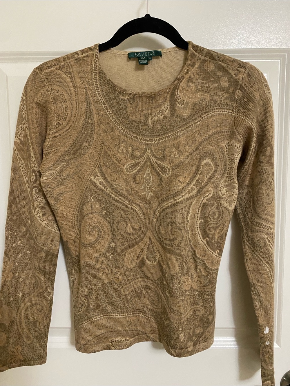 Lauren Ralph Lauren Silk Blend Beige Paisley Long Sleeve Crewneck size XS
